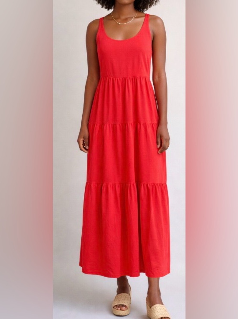 LOFT Red with Coral Undertones Tiered Maxi Dress
